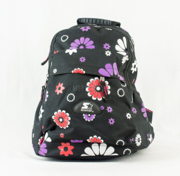 Czarny pakowny plecak Starter ze wzorem w białe, fioletowe i czerwone kwiatki - MODA SANOK