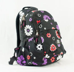 Czarny pakowny plecak Starter ze wzorem w białe, fioletowe i czerwone kwiatki - MODA SANOK