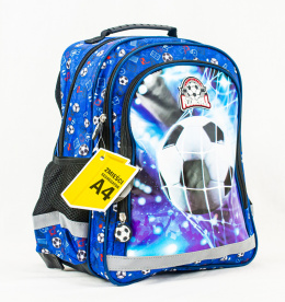 Dwukomorowy niebieski plecak z delikatnymi wzorami i dużą aplikacją piłki na przodzie - MODA SANOK