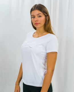 Biała damska koszulka z elastycznego materiału z połyskującym znakiem nieskończoności VOLCANO - MODA SANOK