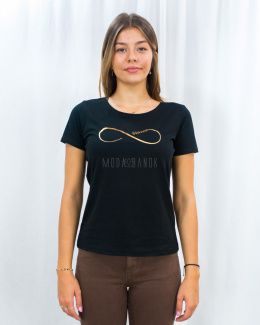 Czarna damska koszulka z elastycznego materiału ze złotym znakiem nieskończoności VOLCANO - MODA SANOK
