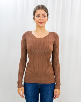 Damski uniwersalny sweterek z prążkowanego materiału w kolorze ciepłego brązu z okrągłym dekoltem Vanessa - MODA SANOK