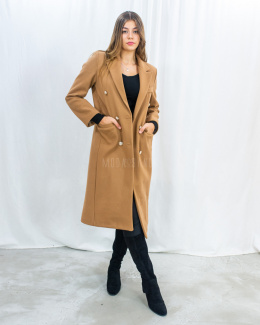 Beżowy elegancki długi płaszcz damski z dwoma rzędami ozdobnych guziczków - MODA SANOK