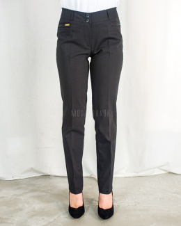 Czarne damskie spodnie w kant eleganckie ze wstawkami z ekoskóry przy kieszeniach - MODA SANOK