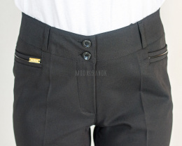 Czarne damskie spodnie w kant eleganckie ze wstawkami z ekoskóry przy kieszeniach - MODA SANOK