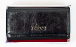 Czarny duży damski portfel elegancki wykonany ze skóry ekologicznej zapinany na zatrzask - MODA SANOK