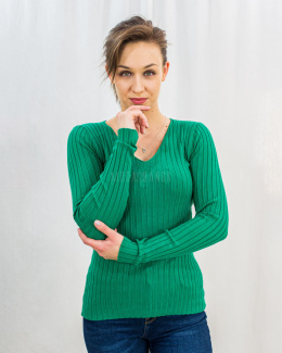 Damski uniwersalny sweterek w kolorze jasnej zieleni z głębszym dekoltem w serek prążkowany Camilia - MODA SANOK