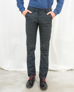Męskie klasyczne eleganckie spodnie szare w szaro-niebieską kratę zapinane na guzik - MODA SANOK