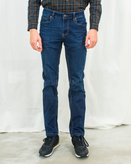 Męskie spodnie jeansowe w kolorze ciemnoniebieskim z efektem przetarcia na przodzie - MODA SANOK