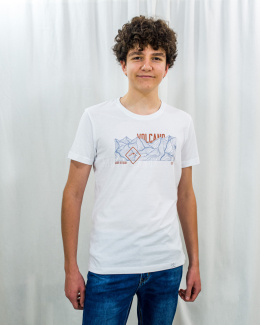 T-shirt VOLCANO męski bawełniany w kolorze białym z pomarańczowo-niebieskim nadrukiem - MODA SANOK