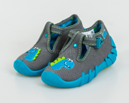Chłopięce buciki pantofelki w kolorze szarym z niebieską podeszwą i aplikacją dinozaura - MODA SANOK
