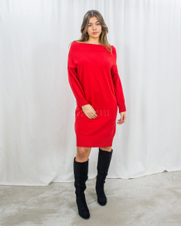 Długa sukienka sweterkowa gładka z półgolfem i ściągaczami w kolorze czerwonym Maritza - MODA SANOK