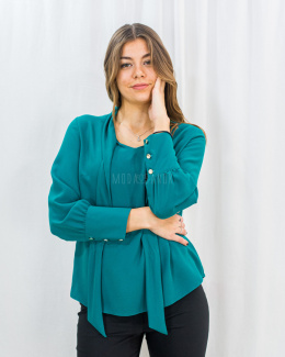 Elegancka damska koszula w kolorze ciemnej zieleni z ozdobnym wiązaniem i mankietami - MODA SANOK