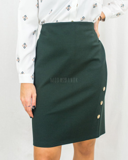 Elegancka damska spódnica midi ołówkowa w kolorze butelkowej zieleni ze złotymi guziczkami - MODA SANOK
