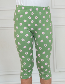 Bawełniane jasno zielone legginsy 3/4 z różowymi kwiatkami PIK - MODA SANOK