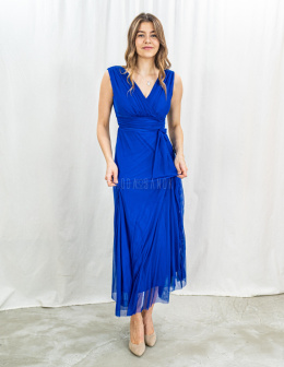 Długa elegancka sukienka w kolorze niebieskim na ramiączkach - MODA SANOK