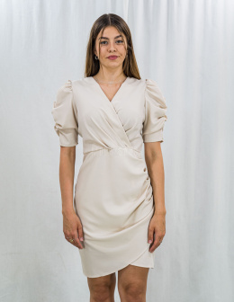 Elegancka jasno beżowa krótka sukienka z marszczeniami KATNISS - MODA SANOK