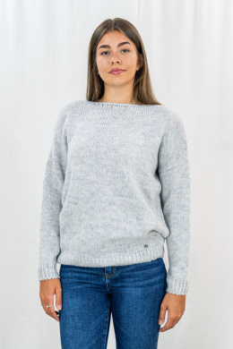 Ciepły damski sweterek z wiązaniem z tyłu w kolorze jasnej szarości NATI - MODA SANOK