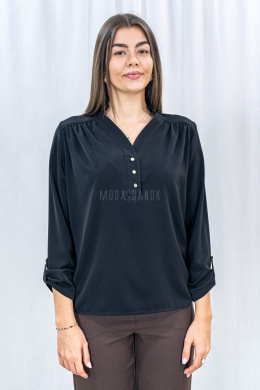 Czarna elegancka damska bluzka z długim rękawem oraz ozdobnymi złotymi guziczkami PELIPE - MODA SANOK