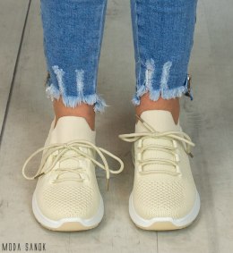 Beżowe damskie buty sportowe materiał siateczka wiązane na sznurówkę Moda Sanok