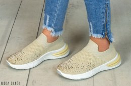 Beżowo złote damskie buty sportowe siatka zdobione koralikami Moda Sanok