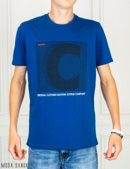 Granatowa Koszulka T-shirt z czarnym nadrukiem C męska Bastion MODA SANOK