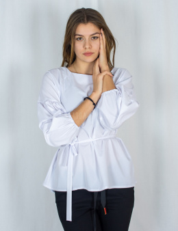 Damska gładka koszula z bufiastymi rękawami i dłuższym tyłem Ester - biała - Moda Sanok
