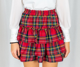 Damska materiałowa spódnica z falbankami mini w kratę Bettina - czerwona - Moda Sanok
