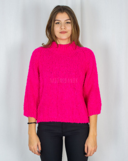 Damski krótki ocieplany sweterek półgolf baranek Fiorella - neonowy róż - Moda Sanok