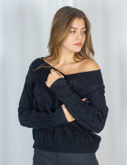 Damski krótki pleciony sweterek warkocz z dekoltem w serek Dalia - czarny - Moda Sanok