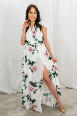Sukienka damska długa maxi rozkloszowana biała w kwiaty z delikatnym rękawkiem IZA - MODA SANOK
