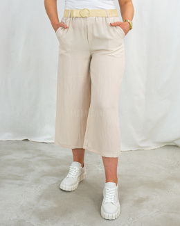 Damskie proste spodnie płócienne w kolorze ecru z krótszymi nogawkami Coolples - MODA SANOK