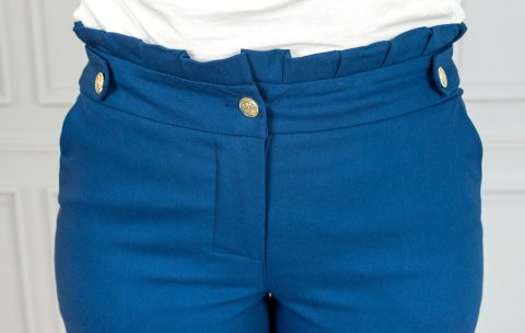 Spodnie BB damskie eleganckie cygaretki 7/8 z falbanką- granatowe - Moda Sanok