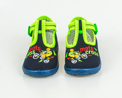 Grafitowe pantofle chłopięce z aplikacją Motocross i neonowozielonymi wstawkami NAZO - MODA SANOK