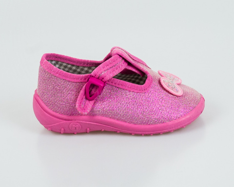 Różowe błyszczące pantofle dziewczęce z kokardką na przodzie NAZO - MODA SANOK