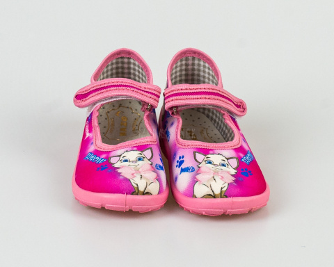 Różowe pantofle z białym kotkiem zapinane na rzepy dla dziewczynki NAZO - MODA SANOK