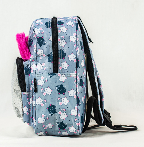 Szary plecak w kotki, z błyszczącą kieszonką i z różowymi, futrzastymi uszami - MODA SANOK