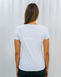 Biała damska koszulka z elastycznego materiału z połyskującym znakiem nieskończoności VOLCANO - MODA SANOK
