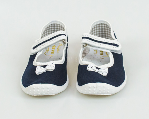 Granatowe dziewczęce pantofle na rzepy z białymi wstawkami i kokardką NAZO - MODA SANOK