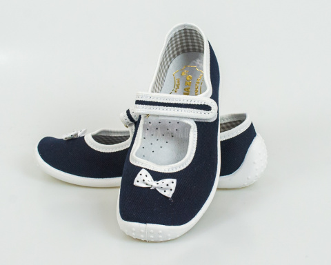 Granatowe dziewczęce pantofle na rzepy z białymi wstawkami i kokardką NAZO - MODA SANOK