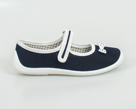Granatowe dziewczęce pantofle na rzepy z białymi wstawkami i kokardką NAZO - MODA SANOK