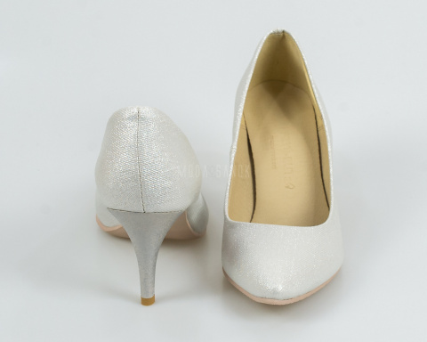 Srebrne połyskujące brokatowe szpilki na niewysokim obcasie na imprezę - MODA SANOK