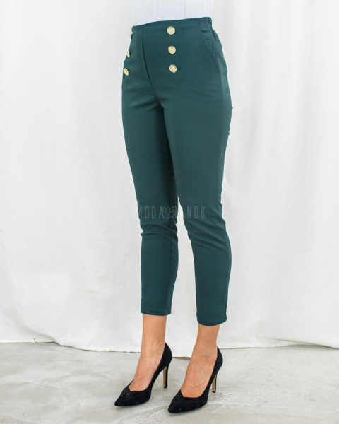 Spodnie BB eleganckie z gumką w pasie i dwurzędowymi złotymi guzikami w kolorze butelkowej zieleni - MODA SANOK