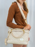Torebka pikowana w kolorze kremowym ze złotymi elementami i doczepianym okrągłym portfelem - MODA SANOK