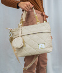 Torebka pikowana w kolorze kremowym ze złotymi elementami i doczepianym okrągłym portfelem - MODA SANOK