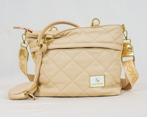 Torebka pikowana w kolorze kremowym ze złotymi elementami i doczepianym okrągłym portfelem - MODA SANOK