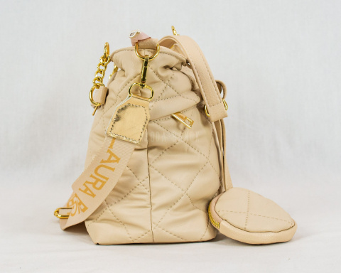 Torebka pikowana w kolorze kremowym ze złotymi elementami i doczepianym okrągłym portfelem - MODA SANOK