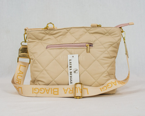 Torebka pikowana w kolorze kremowym ze złotymi elementami i doczepianym okrągłym portfelem - MODA SANOK