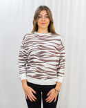 Damska biała bluzka sweterek w kolorze białym z brązowym wzorem w zeberkę - MODA SANOK