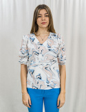 Elegancka kremowa bluzka z kolorowymi wzorami i rękawami 3/4 WM - MODA SANOK